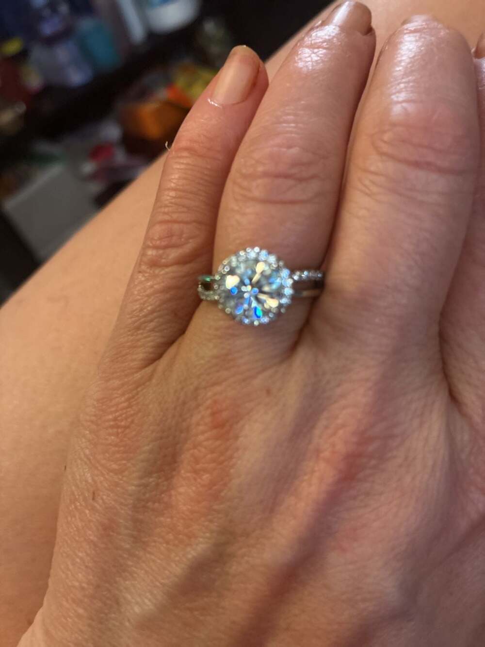 Round Cut Halo Moissanite Engagement Ring with Split Shank Band (R126)